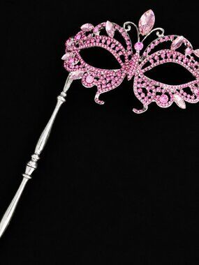 Pink Crystal Masquerade Mask with Silver Stick,Wedding Photo Prop, Prom Mask